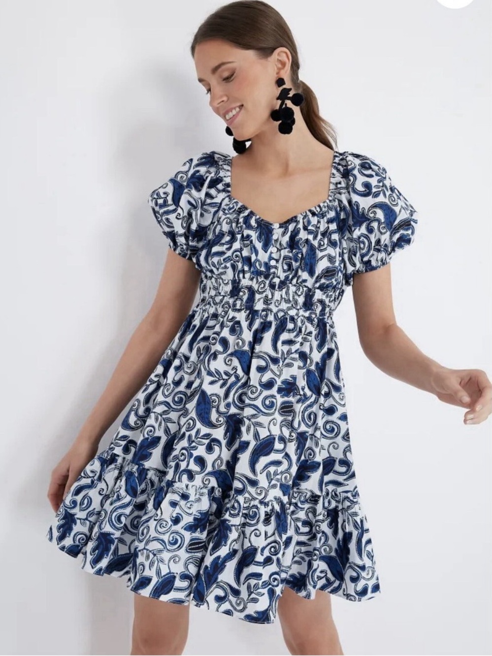 Cleobella Blue White Paisley Organic Cotton Puff Sleeve Mini Dress XS